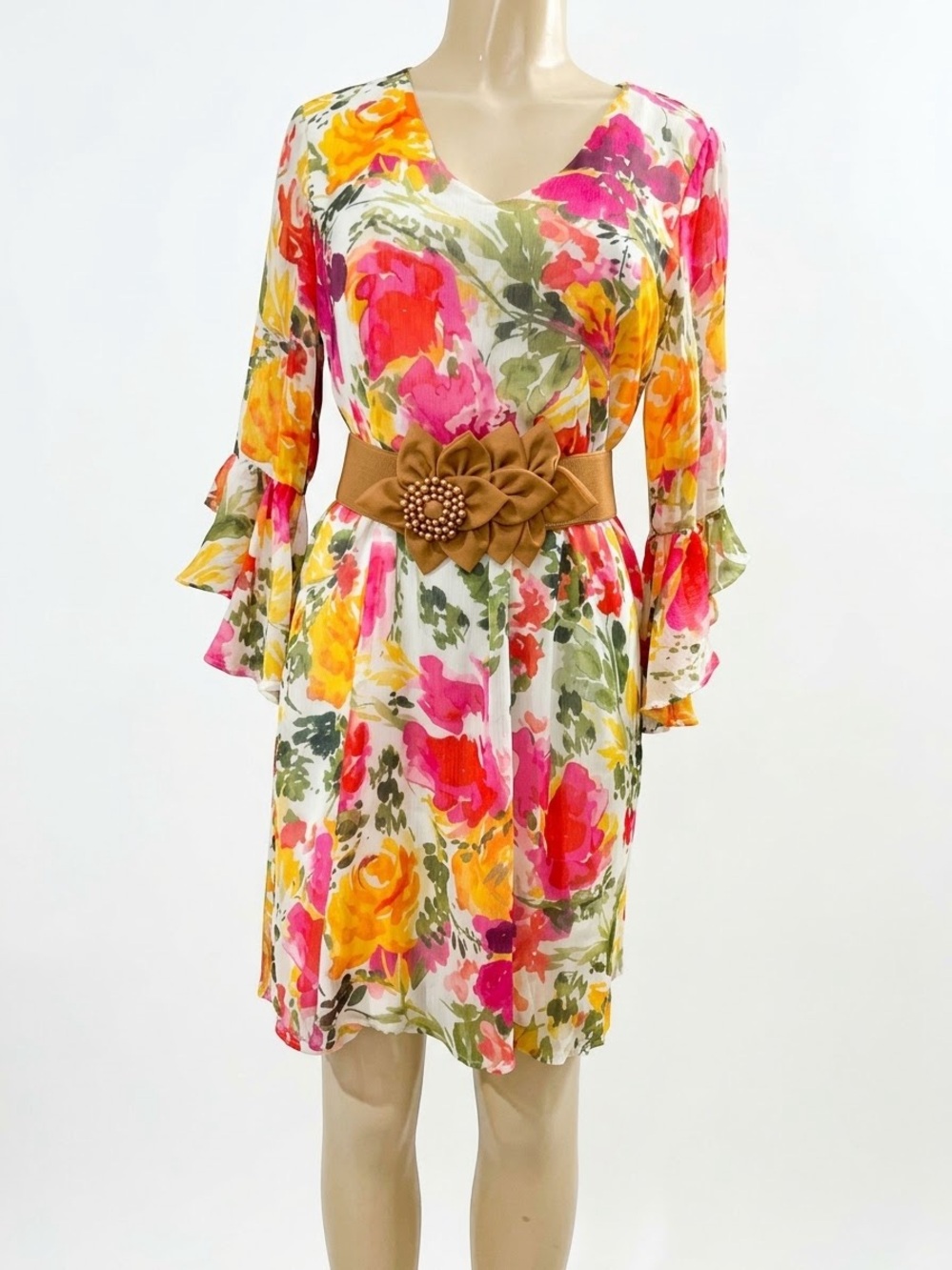 Calvin Klein Floral V-Neck Midi Dress in Pink, Yellow & Green